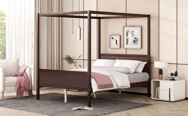 English Elm Queen Canopy Platform Bed with Built-in Headboard Pinewood Frame and Curtain Rails Espresso WF311397AAP
