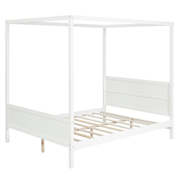 English Elm Queen Canopy Platform Bed with Built-in Headboard Pinewood Frame and Curtain Rails White WF311397AAK
