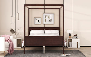English Elm Queen Canopy Platform Bed with Built-in Headboard Pinewood Frame and Curtain Rails Espresso WF311397AAP
