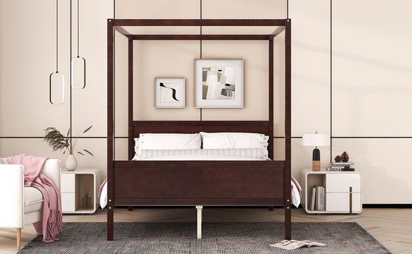 English Elm Queen Canopy Platform Bed with Built-in Headboard Pinewood Frame and Curtain Rails Espresso WF311397AAP