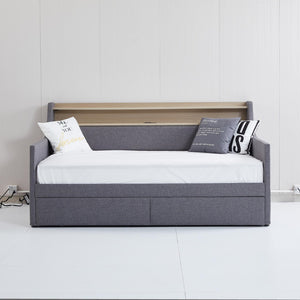 English Elm Twin Size Daybed With Built-In Storage, Charging Station & Led Lights - Stylish Gray Upholstered Design W1580S00060-GIGA