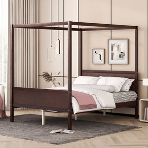 English Elm Queen Canopy Platform Bed with Built-in Headboard Pinewood Frame and Curtain Rails Espresso WF311397AAP