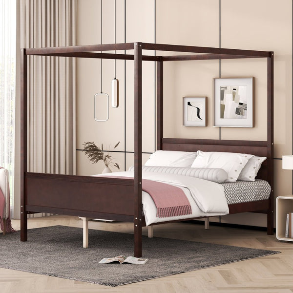 English Elm Queen Canopy Platform Bed with Built-in Headboard Pinewood Frame and Curtain Rails Espresso WF311397AAP