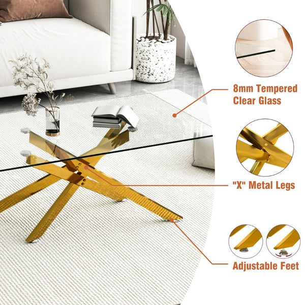 English Elm 39.37" Tempered Glass Rectangular Coffee Table with Powder-coated Metal Legs for Living Room Golden W241120460