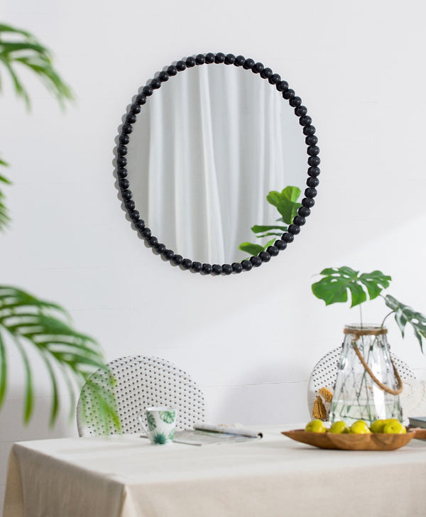 English Elm 32" Iron Bead Round Wall Mirror Matte Black Frame Accent for Bedroom or Entryway W2078138953
