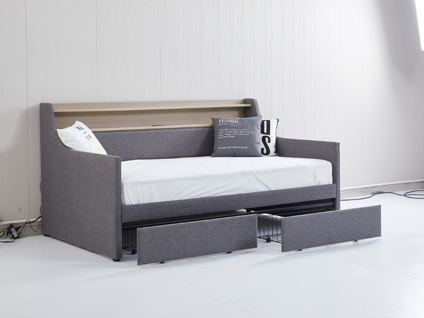 English Elm Twin Size Daybed With Built-In Storage, Charging Station & Led Lights - Stylish Gray Upholstered Design W1580S00060-GIGA