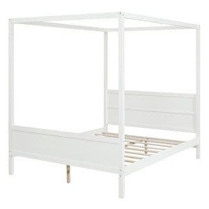 English Elm Queen Canopy Platform Bed with Built-in Headboard Pinewood Frame and Curtain Rails White WF311397AAK