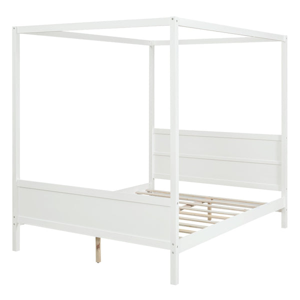 English Elm Queen Canopy Platform Bed with Built-in Headboard Pinewood Frame and Curtain Rails White WF311397AAK