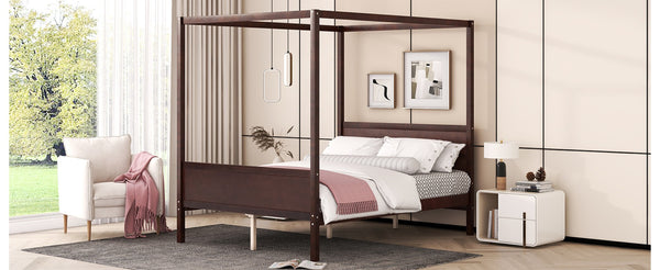 English Elm Queen Canopy Platform Bed with Built-in Headboard Pinewood Frame and Curtain Rails Espresso WF311397AAP