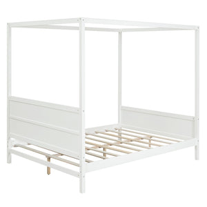 English Elm Queen Canopy Platform Bed with Built-in Headboard Pinewood Frame and Curtain Rails White WF311397AAK