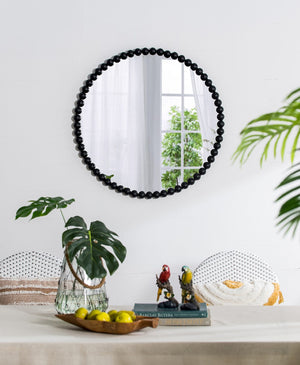 English Elm 32" Iron Bead Round Wall Mirror Matte Black Frame Accent for Bedroom or Entryway W2078138953