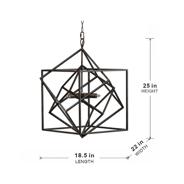 English Elm 3 Light Matte Black Iron Chandelier Geometric Frame Fixture for Dining or Foyer W2078138928