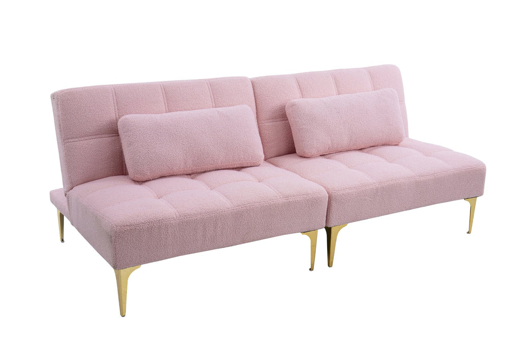 English Elm 71" Convertible Sofa Bed Futon in Plush Teddy Fabric Pink with Gold Metal Legs, 3-Seater, 600lb Capacity W1097S00100