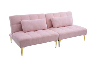 English Elm 71" Convertible Sofa Bed Futon in Plush Teddy Fabric Pink with Gold Metal Legs, 3-Seater, 600lb Capacity W1097S00100