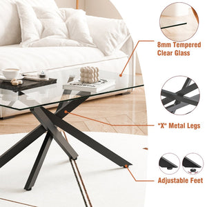 English Elm 39.37" Tempered Glass Rectangular Coffee Table with Powder-coated Metal Legs for Living Room Black W241120466