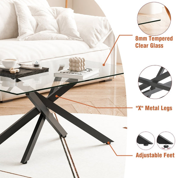 English Elm 39.37" Tempered Glass Rectangular Coffee Table with Powder-coated Metal Legs for Living Room Black W241120466