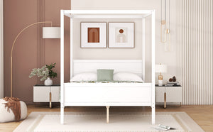 English Elm Queen Canopy Platform Bed with Built-in Headboard Pinewood Frame and Curtain Rails White WF311397AAK