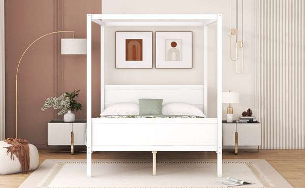 English Elm Queen Canopy Platform Bed with Built-in Headboard Pinewood Frame and Curtain Rails White WF311397AAK