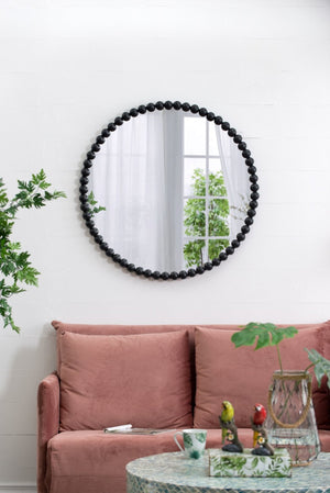 English Elm 32" Iron Bead Round Wall Mirror Matte Black Frame Accent for Bedroom or Entryway W2078138953