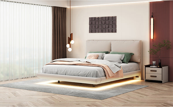English Elm Queen Upholstered Platform Bed with Floating Design, Motion Sensor Light, USB Ports & Sockets Beige SF000064AAA