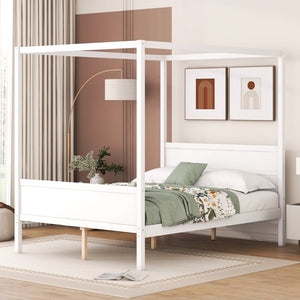 English Elm Queen Canopy Platform Bed with Built-in Headboard Pinewood Frame and Curtain Rails White WF311397AAK