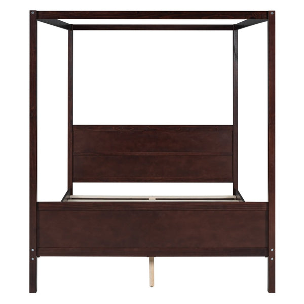 English Elm Queen Canopy Platform Bed with Built-in Headboard Pinewood Frame and Curtain Rails Espresso WF311397AAP