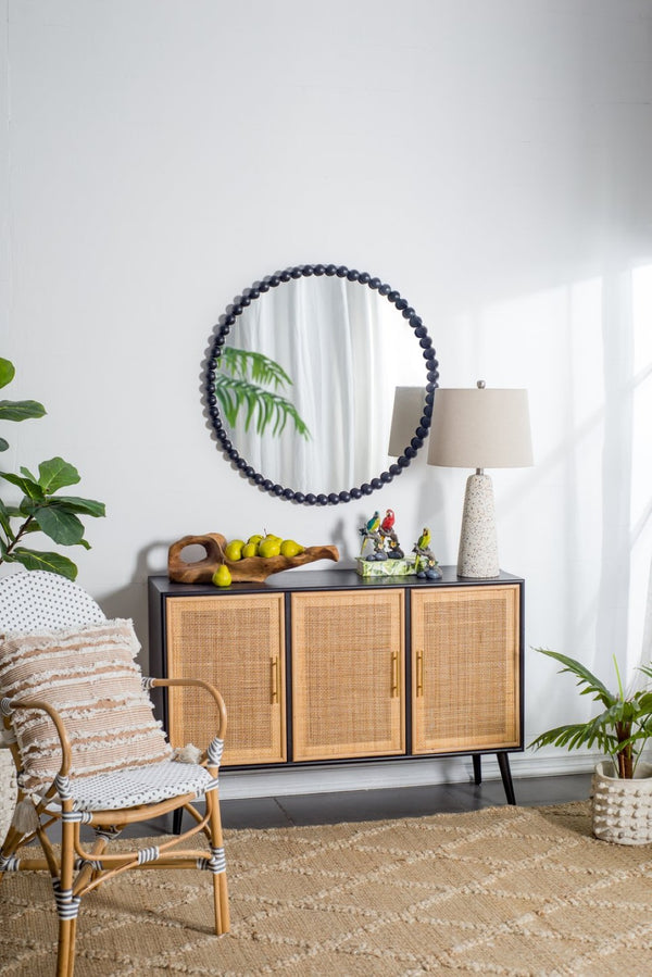 English Elm 32" Iron Bead Round Wall Mirror Matte Black Frame Accent for Bedroom or Entryway W2078138953