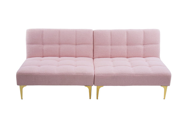 English Elm 71" Convertible Sofa Bed Futon in Plush Teddy Fabric Pink with Gold Metal Legs, 3-Seater, 600lb Capacity W1097S00100