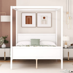 English Elm Queen Canopy Platform Bed with Built-in Headboard Pinewood Frame and Curtain Rails White WF311397AAK