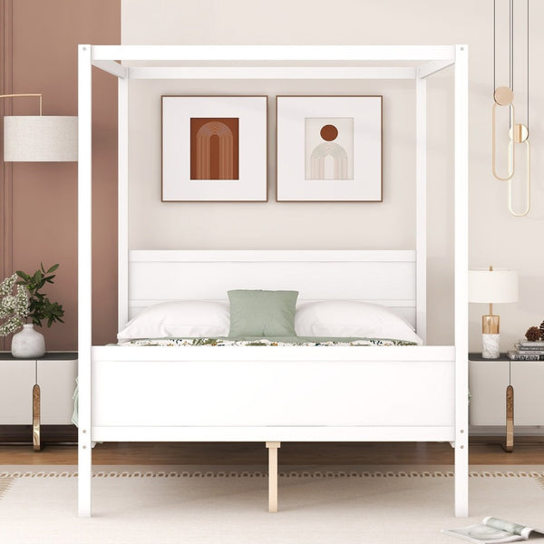 English Elm Queen Canopy Platform Bed with Built-in Headboard Pinewood Frame and Curtain Rails White WF311397AAK
