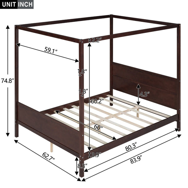 English Elm Queen Canopy Platform Bed with Built-in Headboard Pinewood Frame and Curtain Rails Espresso WF311397AAP