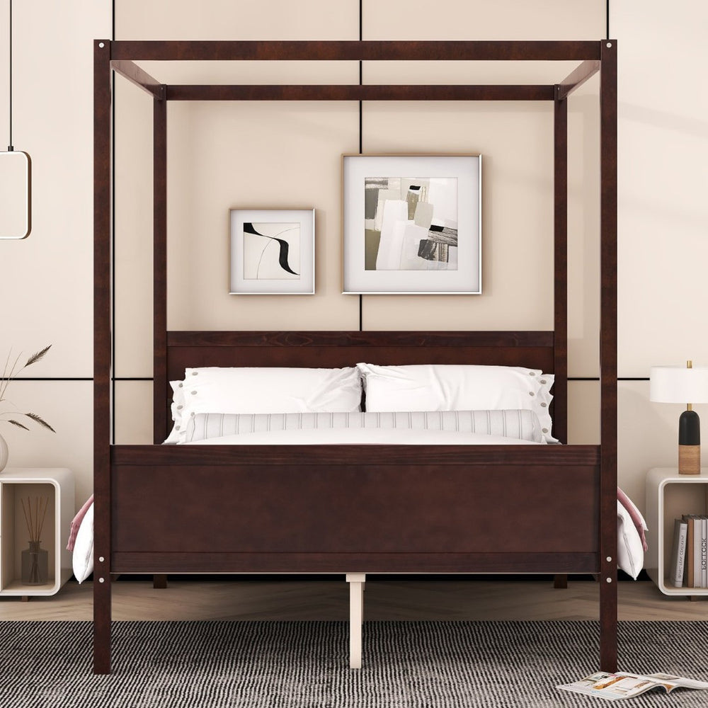 English Elm Queen Canopy Platform Bed with Built-in Headboard Pinewood Frame and Curtain Rails Espresso WF311397AAP