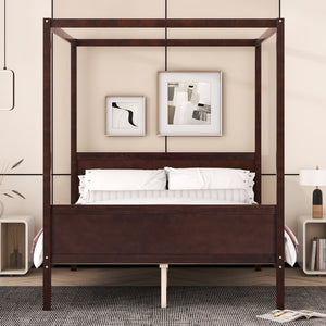 English Elm Queen Canopy Platform Bed with Built-in Headboard Pinewood Frame and Curtain Rails Espresso WF311397AAP