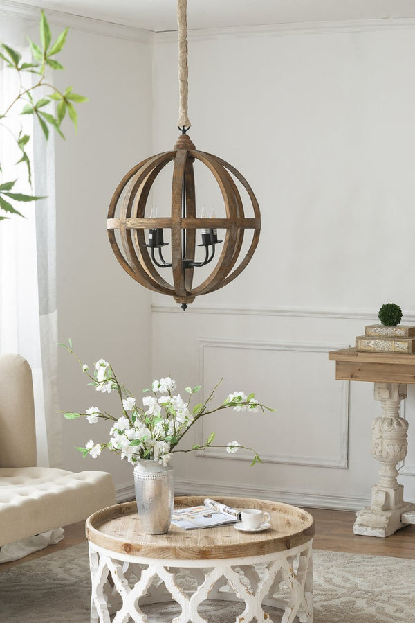 English Elm 4 Light Fir Wood Chandelier with Iron Accents for Dining Room Foyer or Kitchen W2078138926