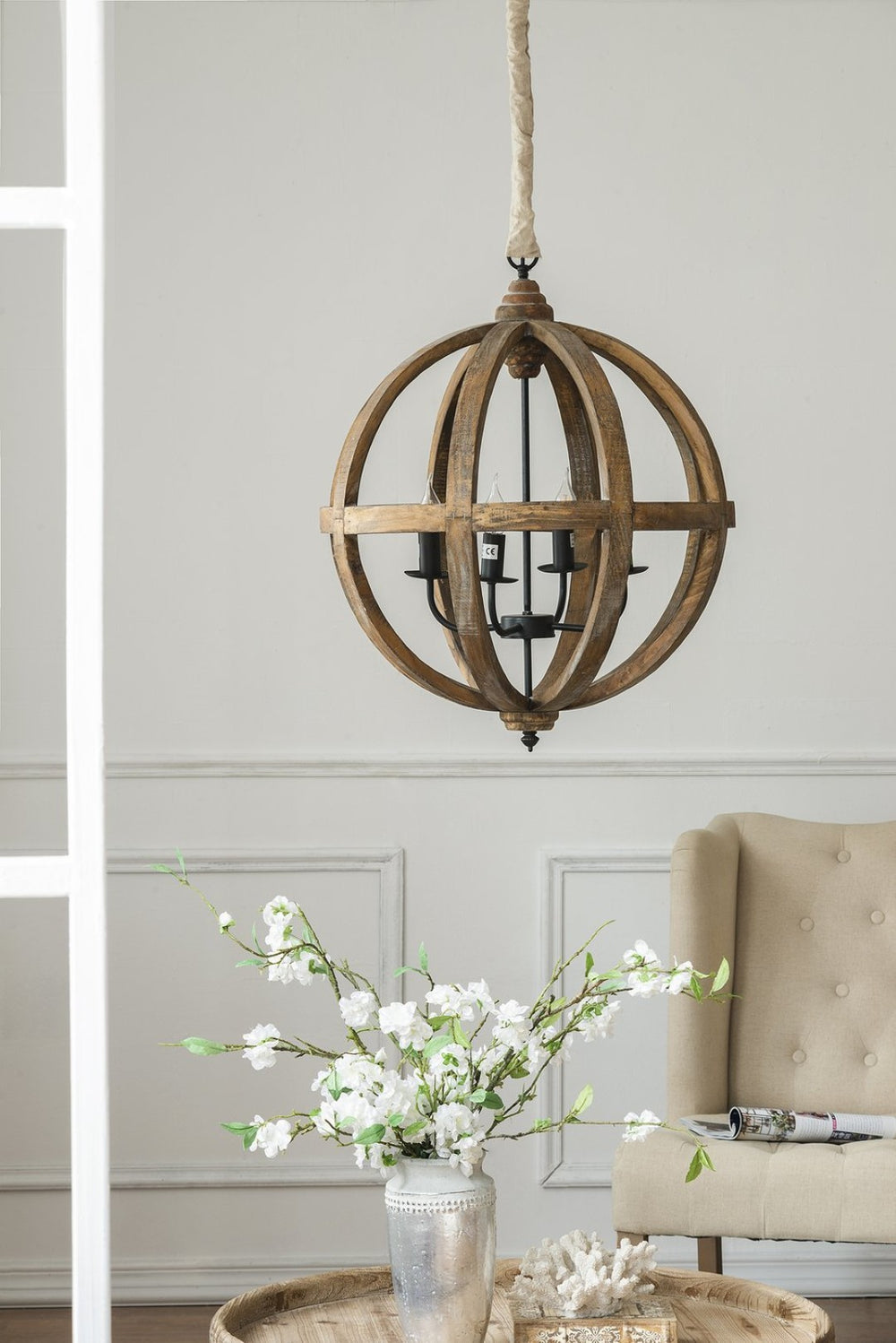 English Elm 4 Light Fir Wood Chandelier with Iron Accents for Dining Room Foyer or Kitchen W2078138926
