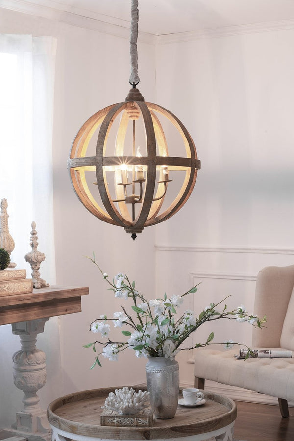 English Elm 4 Light Fir Wood Chandelier with Iron Accents for Dining Room Foyer or Kitchen W2078138926