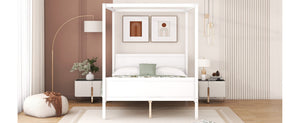 English Elm Queen Canopy Platform Bed with Built-in Headboard Pinewood Frame and Curtain Rails White WF311397AAK