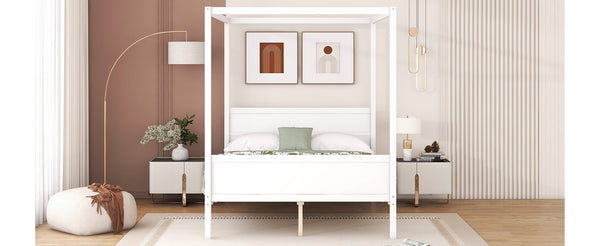 English Elm Queen Canopy Platform Bed with Built-in Headboard Pinewood Frame and Curtain Rails White WF311397AAK