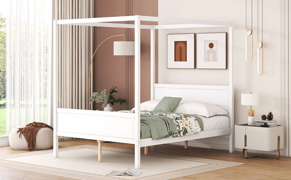 English Elm Queen Canopy Platform Bed with Built-in Headboard Pinewood Frame and Curtain Rails White WF311397AAK