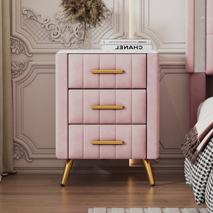 English Elm Upholstered Wooden Nightstand With 3 Drawers and Metal Legs&Handles,Fully Assembled Except Legs&Handles,Bedside Table With Marbling Worktop - Pink