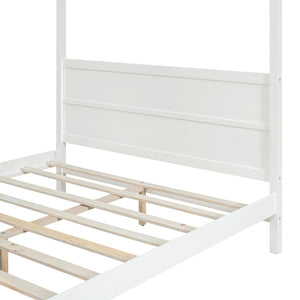 English Elm Queen Canopy Platform Bed with Built-in Headboard Pinewood Frame and Curtain Rails White WF311397AAK