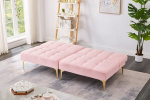 English Elm 71" Convertible Sofa Bed Futon in Plush Teddy Fabric Pink with Gold Metal Legs, 3-Seater, 600lb Capacity W1097S00100