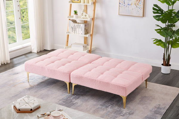 English Elm 71" Convertible Sofa Bed Futon in Plush Teddy Fabric Pink with Gold Metal Legs, 3-Seater, 600lb Capacity W1097S00100