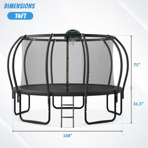 English Elm 14ft Outdoor Trampoline with Arcpole Safety Enclosure Basketball Hoop and Ground Stakes SC000014AAB