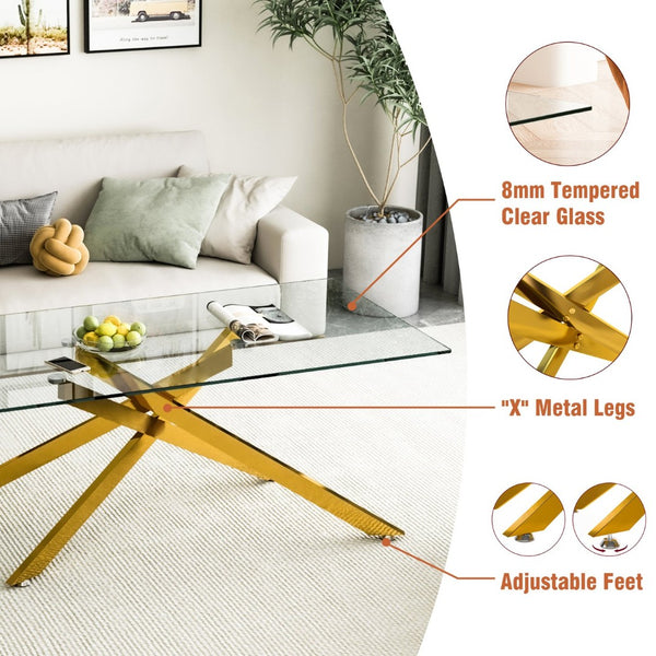 English Elm 47.2" Tempered Glass Top Coffee Table with Powder-coated Black Metal Legs for Living Room W241120463