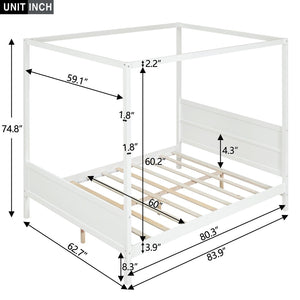 English Elm Queen Canopy Platform Bed with Built-in Headboard Pinewood Frame and Curtain Rails White WF311397AAK