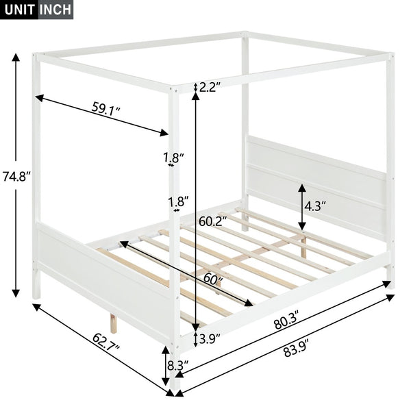 English Elm Queen Canopy Platform Bed with Built-in Headboard Pinewood Frame and Curtain Rails White WF311397AAK