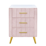 English Elm Upholstered Wooden Nightstand With 3 Drawers and Metal Legs&Handles,Fully Assembled Except Legs&Handles,Bedside Table With Marbling Worktop - Pink