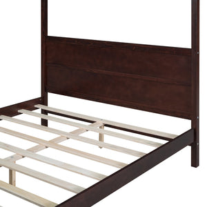English Elm Queen Canopy Platform Bed with Built-in Headboard Pinewood Frame and Curtain Rails Espresso WF311397AAP