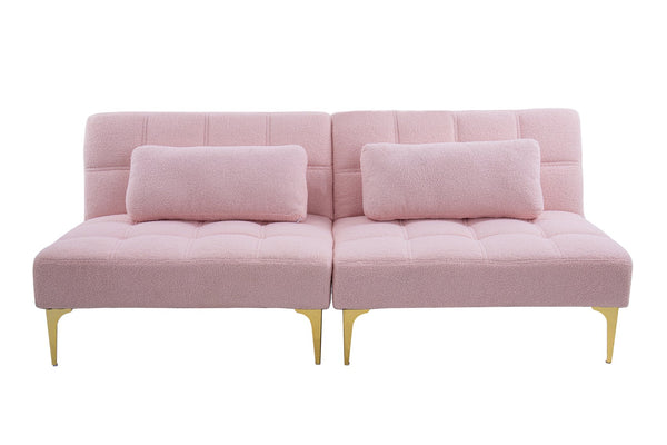 English Elm 71" Convertible Sofa Bed Futon in Plush Teddy Fabric Pink with Gold Metal Legs, 3-Seater, 600lb Capacity W1097S00100